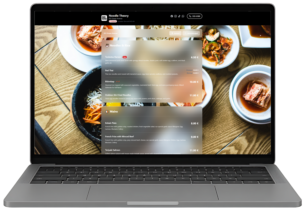 Restaurant menu on desktop