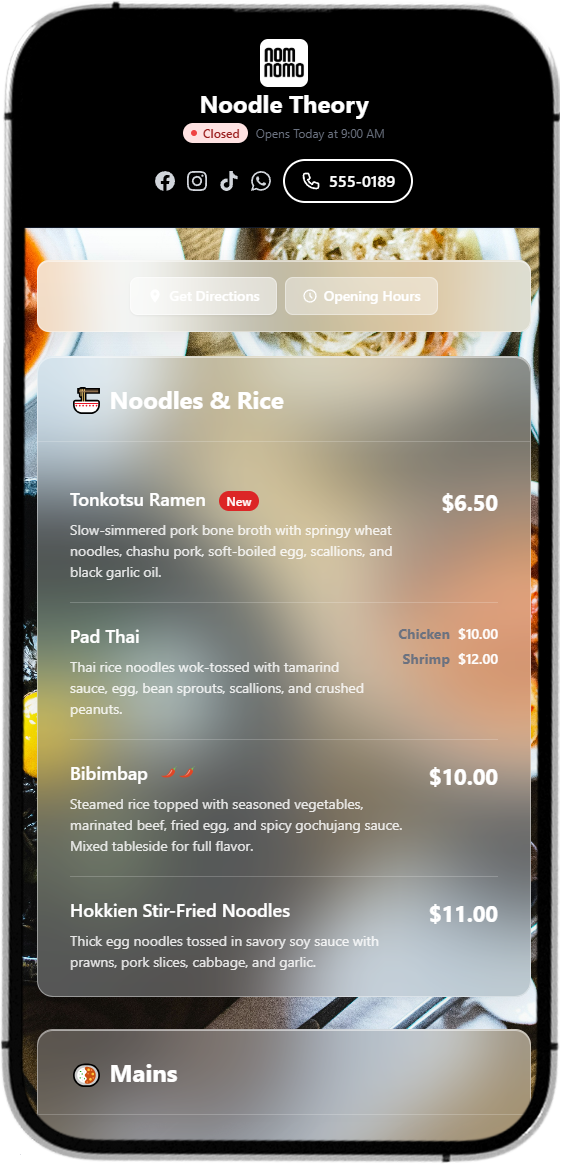 Restaurant menu on phone